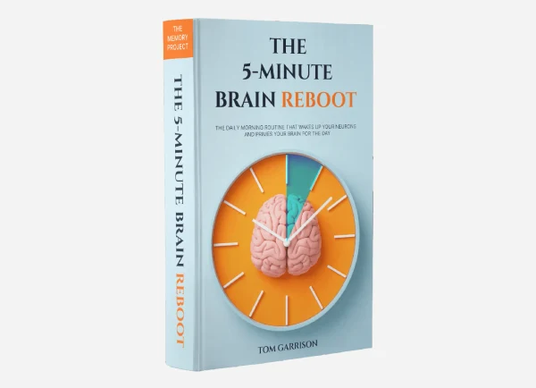 Phytomem One free e-book The 5-Minute Brain Reboot, a blue cover with an orange clock and a brain