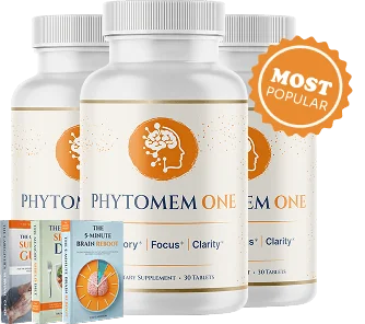 Three Phytomem One bottles with two e-book covers, the 3-bottle package labeled most popular