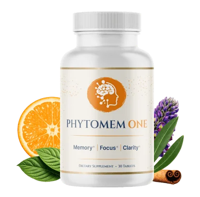 Phytomem One bottle of 30 chewable tablets with an orange slice, lavender and a cinnamon stick